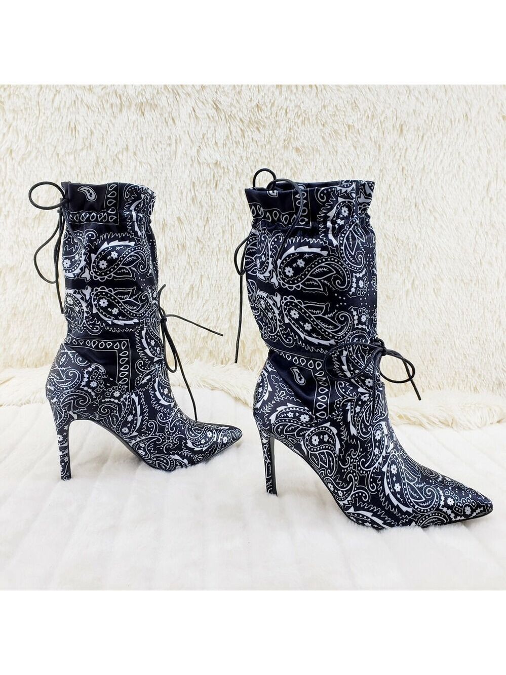 NIB Bandanna Madness Drawstring 4" Stiletto High Heel Mid Calf Boots Black - Picture 3 of 11